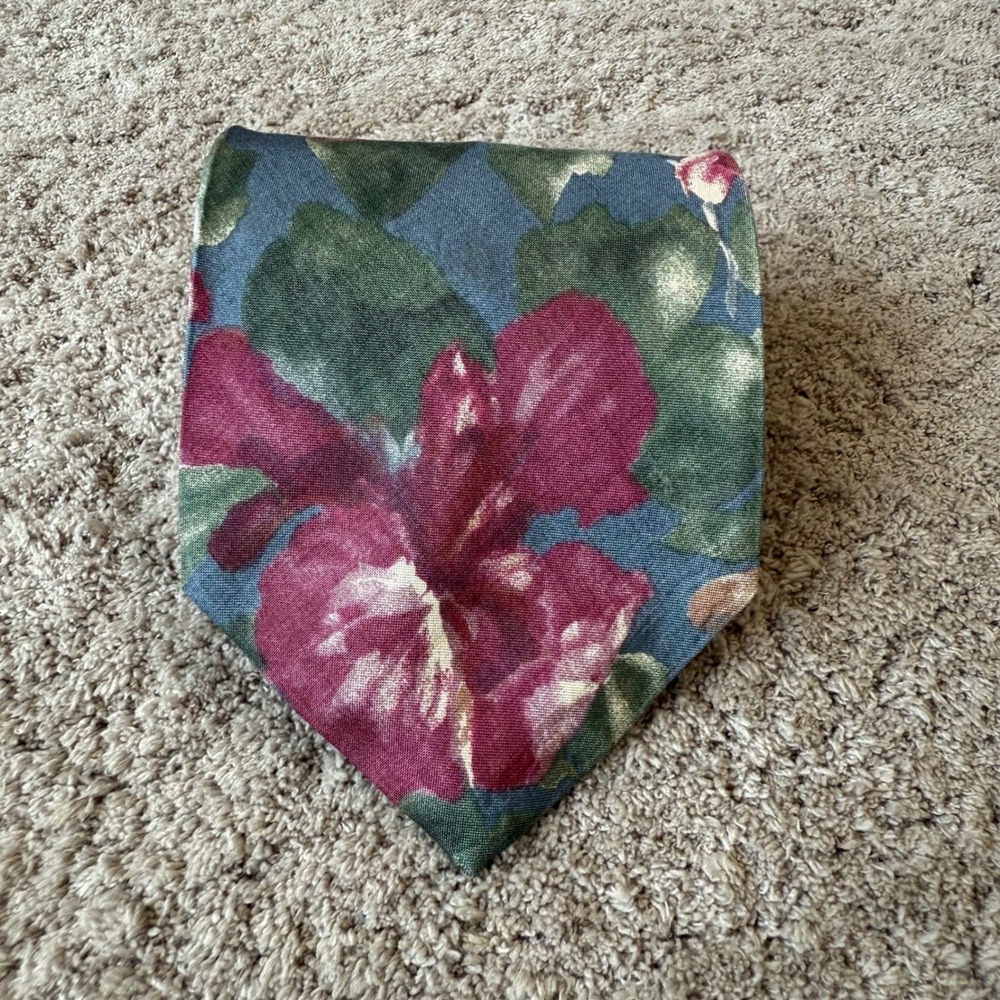 Bracers Mens Silk Necktie Floral Burgundy‎ Green Blue Made in USA Vintage 4x59